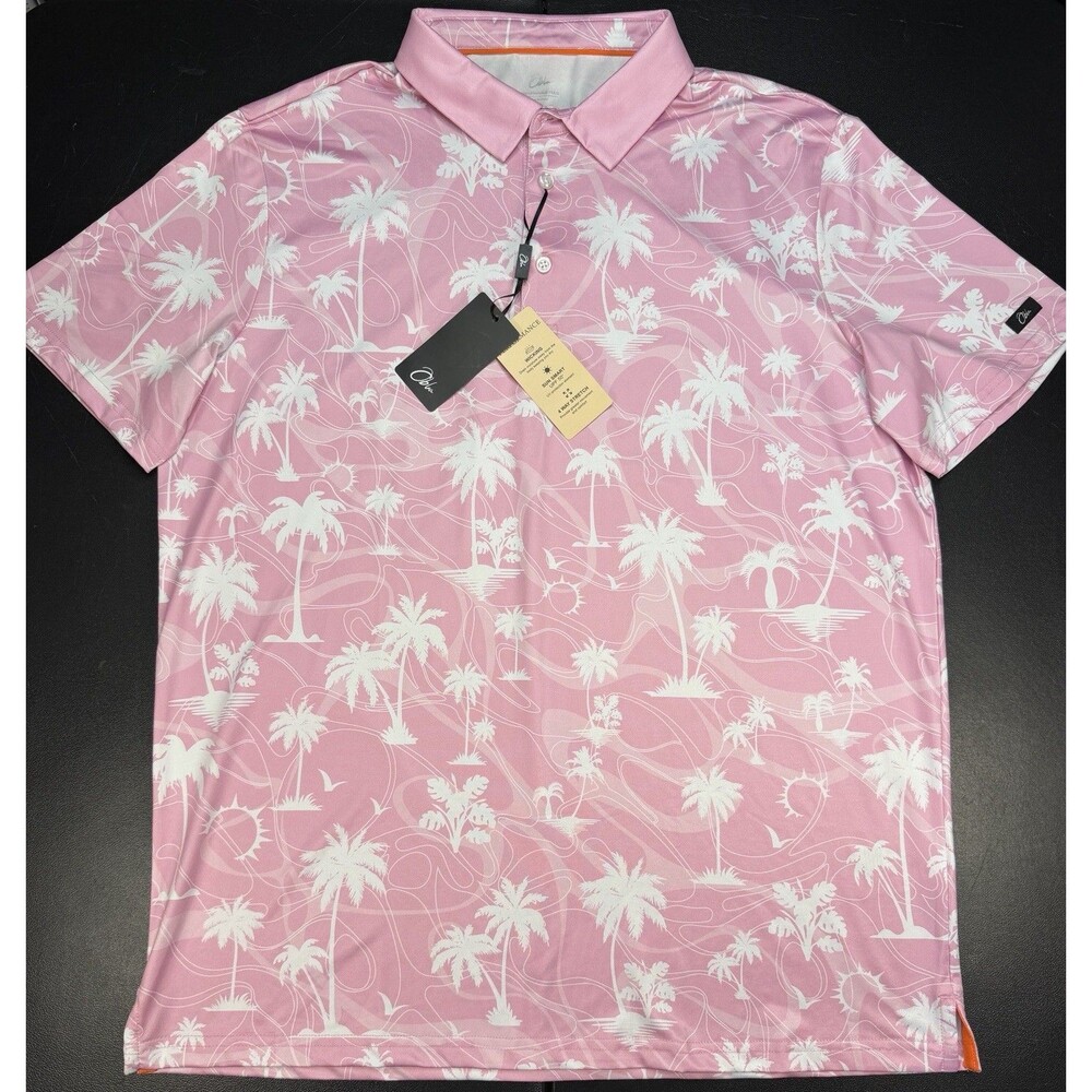Obla Performance Golf Polo Shirt Mens Large Pink With White Palm Trees NWT